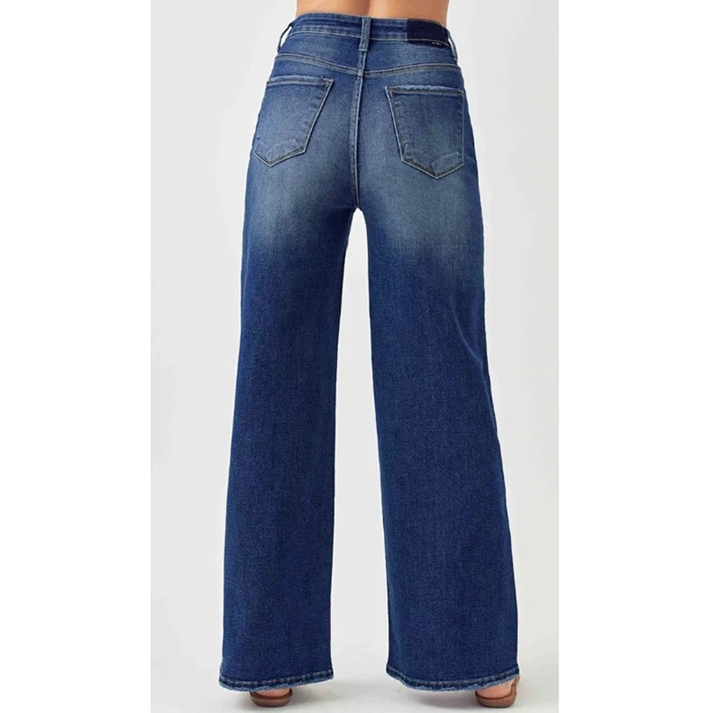 Risen Adrianna Jeans detail view in dark wash — high rise waistband and long straight leg from Thread & Clover boutique