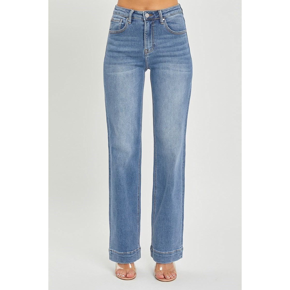 Risen Greta Jeans side view in medium wash — straight leg high rise jeans from Thread & Clover boutique