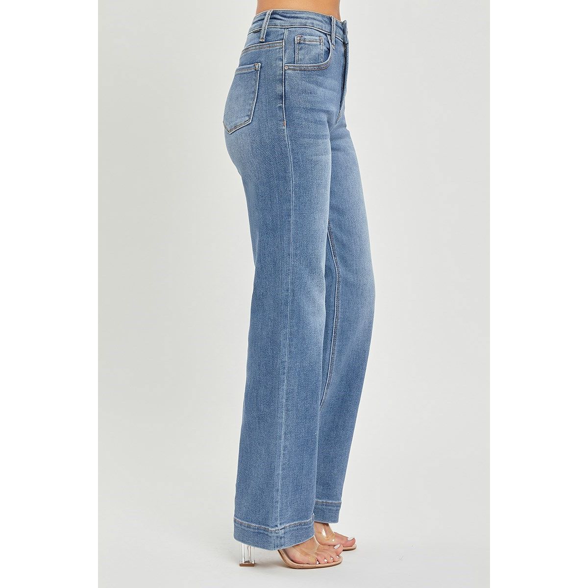 Risen Greta Jeans detail view in medium wash — high rise waistband from Thread & Clover boutique