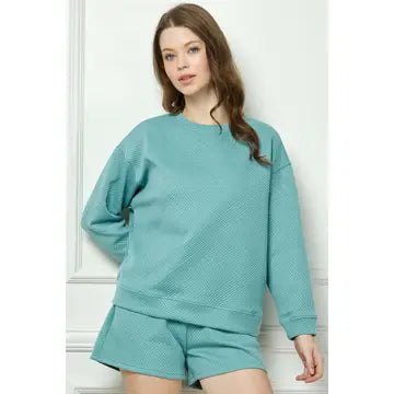 Sunshine Texture Sweatshirt in Sage — textured relaxed fit sweatshirt front view from Thread & Clover boutique