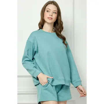 Sunshine Texture Sweatshirt in Sage — textured sweatshirt side view from Thread & Clover boutique