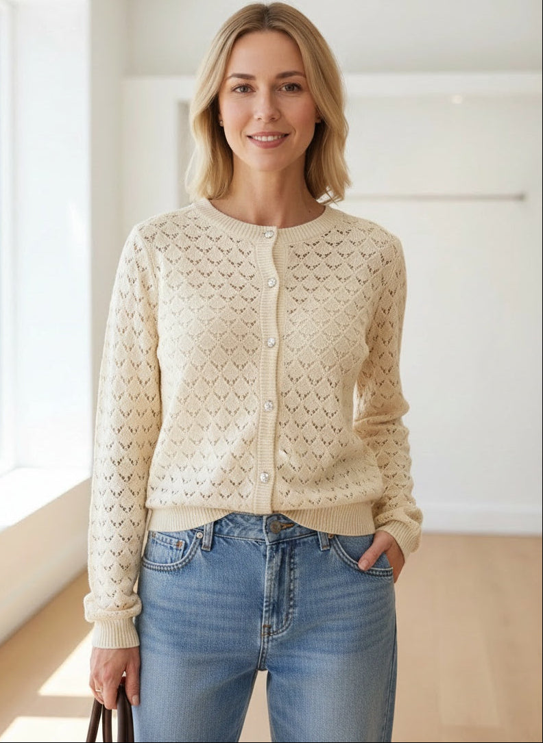 Vero Moda Jacqueline Cardigan in cream — front view of pointelle knit cardigan with jewel buttons from Thread & Clover boutique