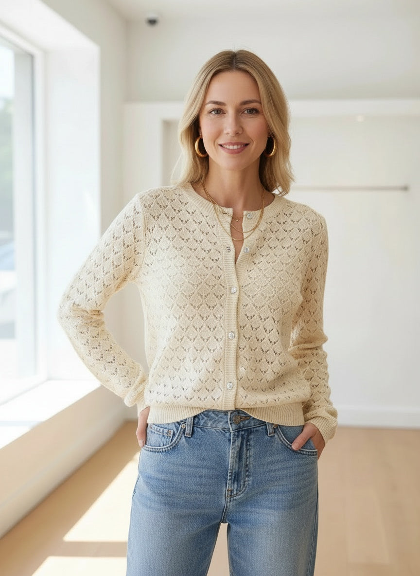 Vero Moda Jacqueline Cardigan in cream — styled with jeans, full-length view from Thread & Clover boutique