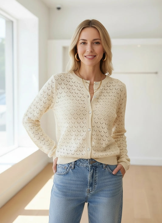 Vero Moda Jacqueline Cardigan in cream — styled with jeans, full-length view from Thread & Clover boutique