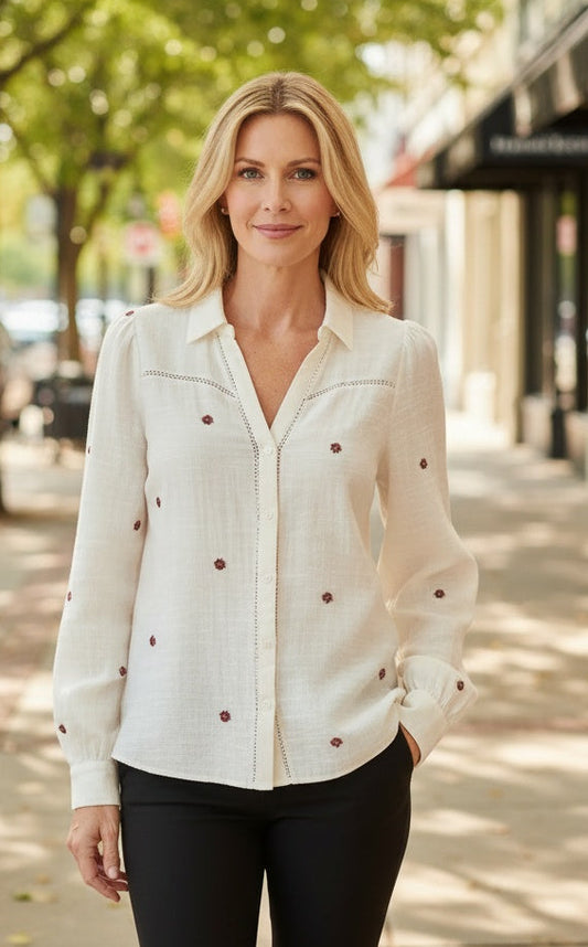 Vero Moda Jillian Embroidered Shirt in ivory — front view of floral embroidered button-front blouse from Thread & Clover boutique