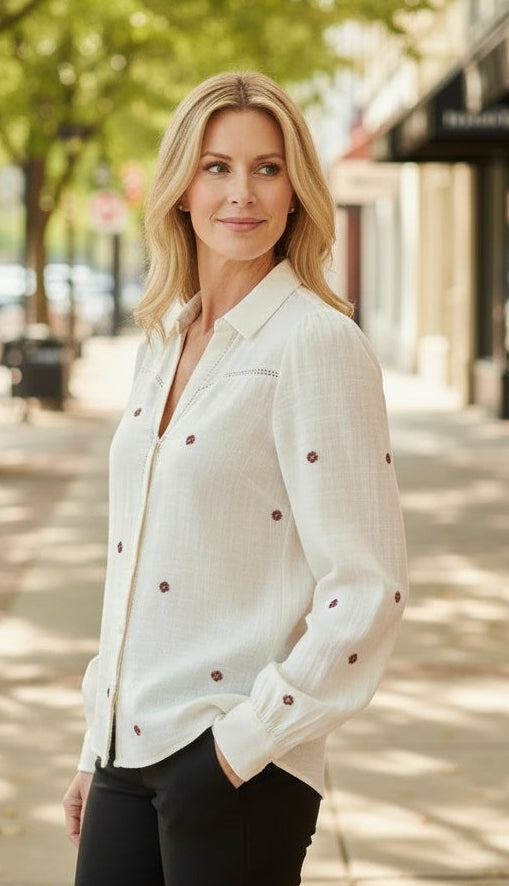 Vero Moda Jillian Embroidered Shirt in ivory — styled full-length view on model outdoors from Thread & Clover boutique
