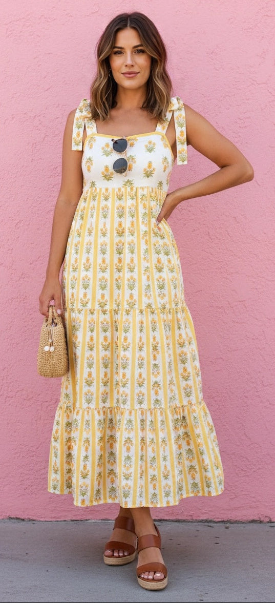 Woman wearing a yellow floral dress against a pink wall