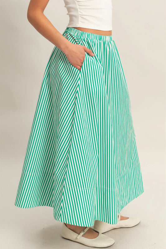 The Clover Maxi Skirt in green — striped flowy maxi skirt from Thread & Clover boutique