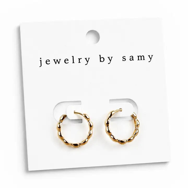 Gold Scalloped Huggie Hoop Earrings — scalloped edge huggie hoops from Jewelry by Samy, at Thread & Clover boutique