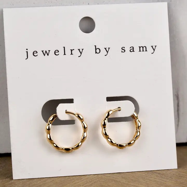 Gold Scalloped Huggie Hoop Earrings — scalloped edge huggie hoops from Jewelry by Samy, at Thread & Clover boutique