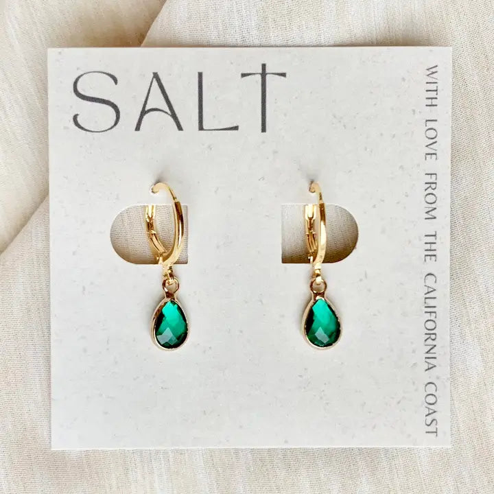 Teal Emerald Gem Hoops — teal emerald gem hoop earrings from SALT, at Thread & Clover boutique