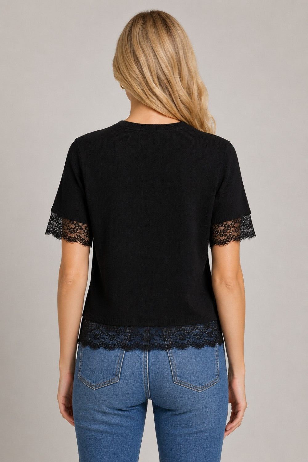 Meadowbrook Lace Trim Pullover in Black — lace trim knit pullover from Thread & Clover boutique