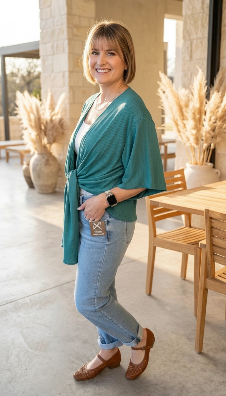 Woman in teal top and light blue jeans standing outdoors with decorative plants and a table in the background.