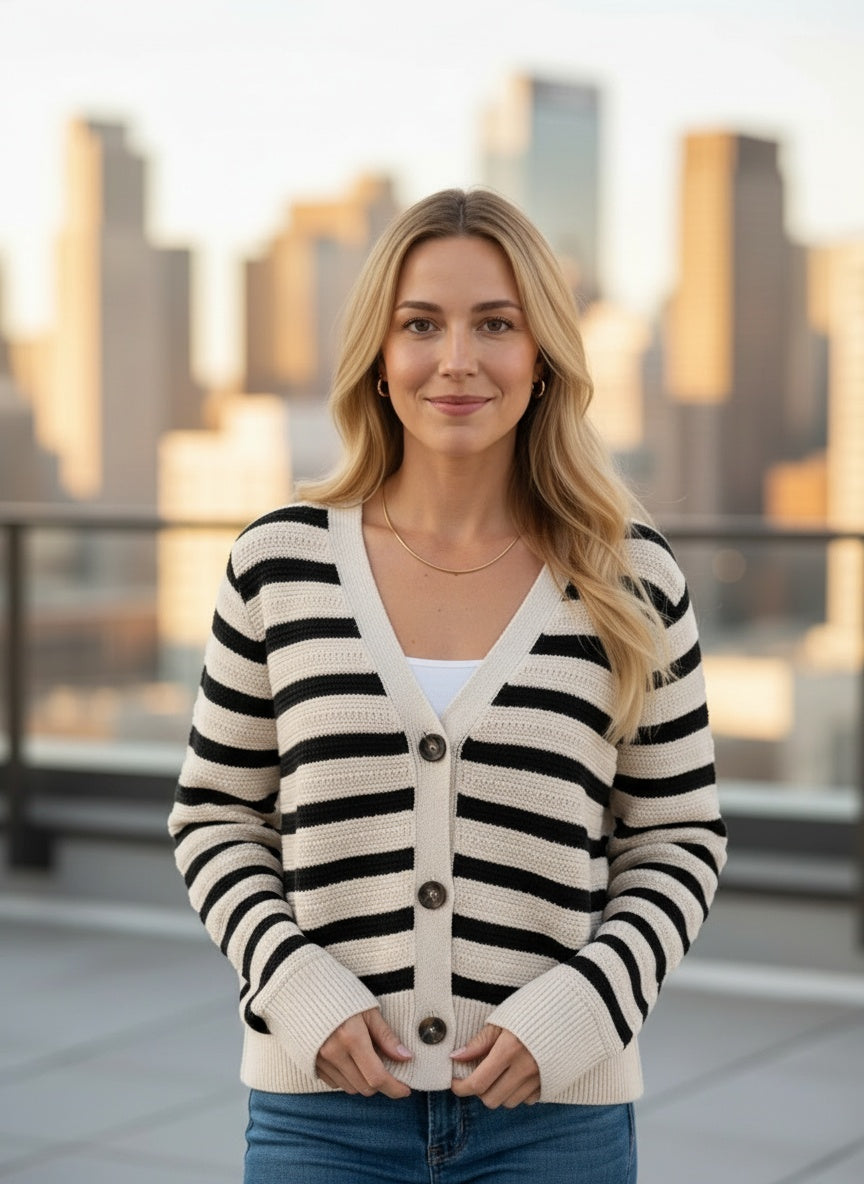 Vero Moda Calla Cardigan in cream and black stripe — close-up of ribbed cuffs and knit detail from Thread & Clover boutique