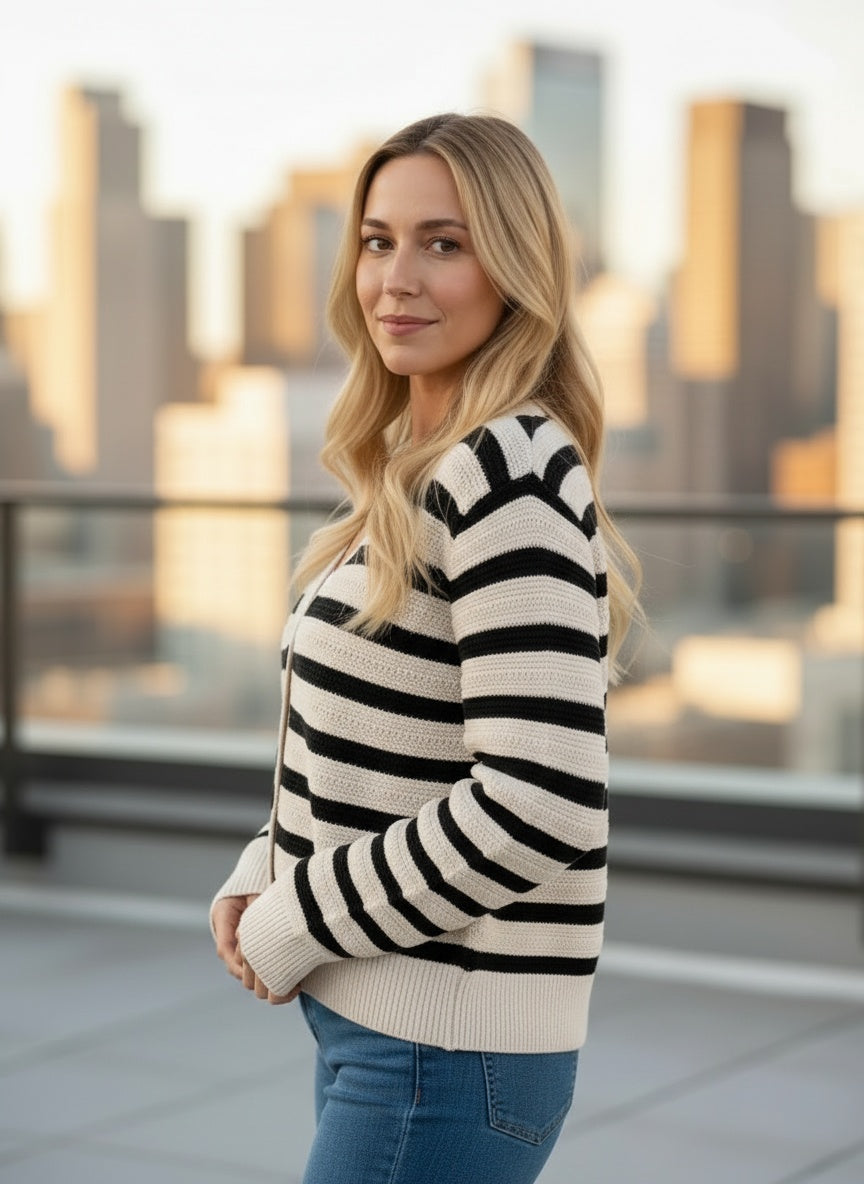 Vero Moda Calla Cardigan in cream and black stripe — side view styled with jeans from Thread & Clover boutique