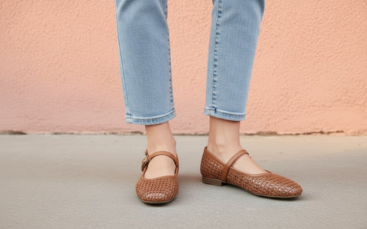 Woven Flats in tan — woven Mary Jane flats from Thread & Clover boutique