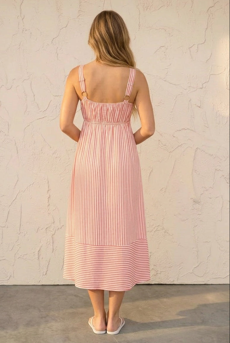 Miss Mayberry Midi Dress in cherry red and white stripe — detail view of square neckline and button-front from Thread & Clover boutique
