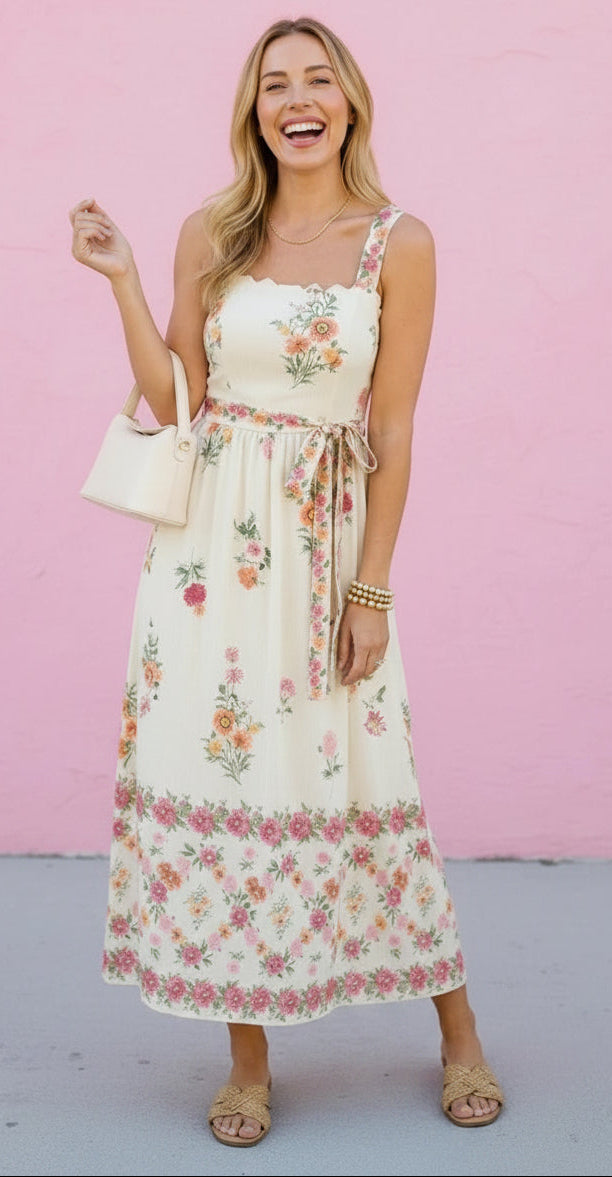Woman in a floral dress standing against a pink background