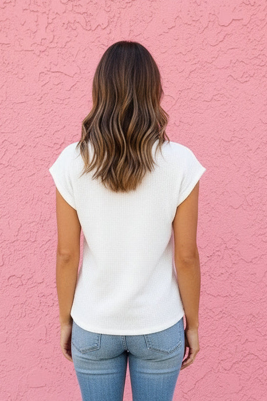 Tessa Textured Top in white — back view showing structured cap sleeves and clean silhouette from Thread & Clover boutique