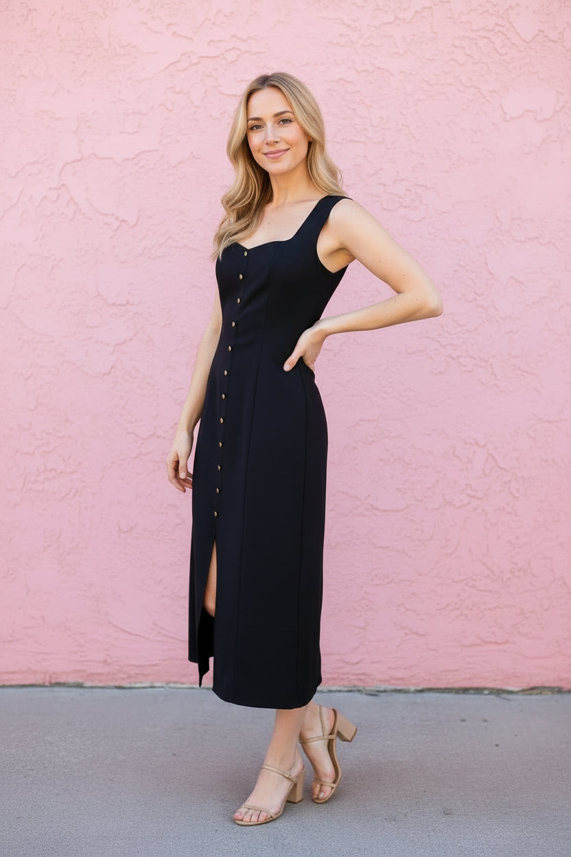Roxie Midi Dress in black — side view showing gold buttons, front slit, and fitted silhouette from Thread & Clover boutique