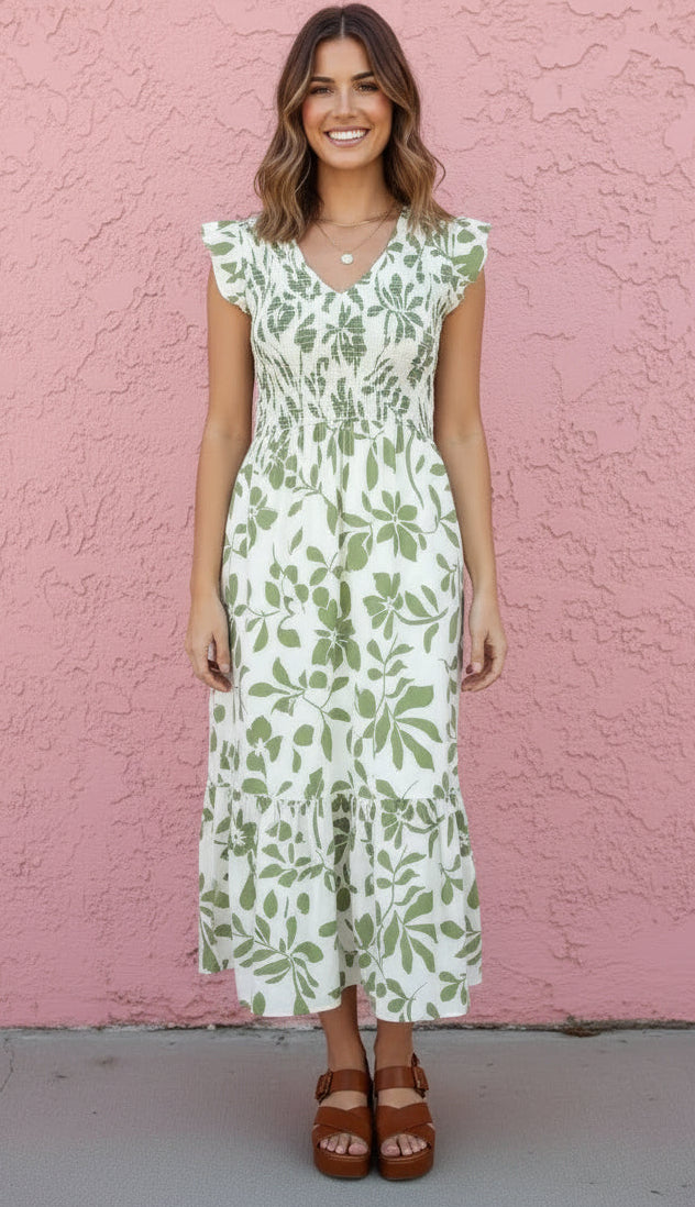 Woman wearing a green floral dress against a pink wall