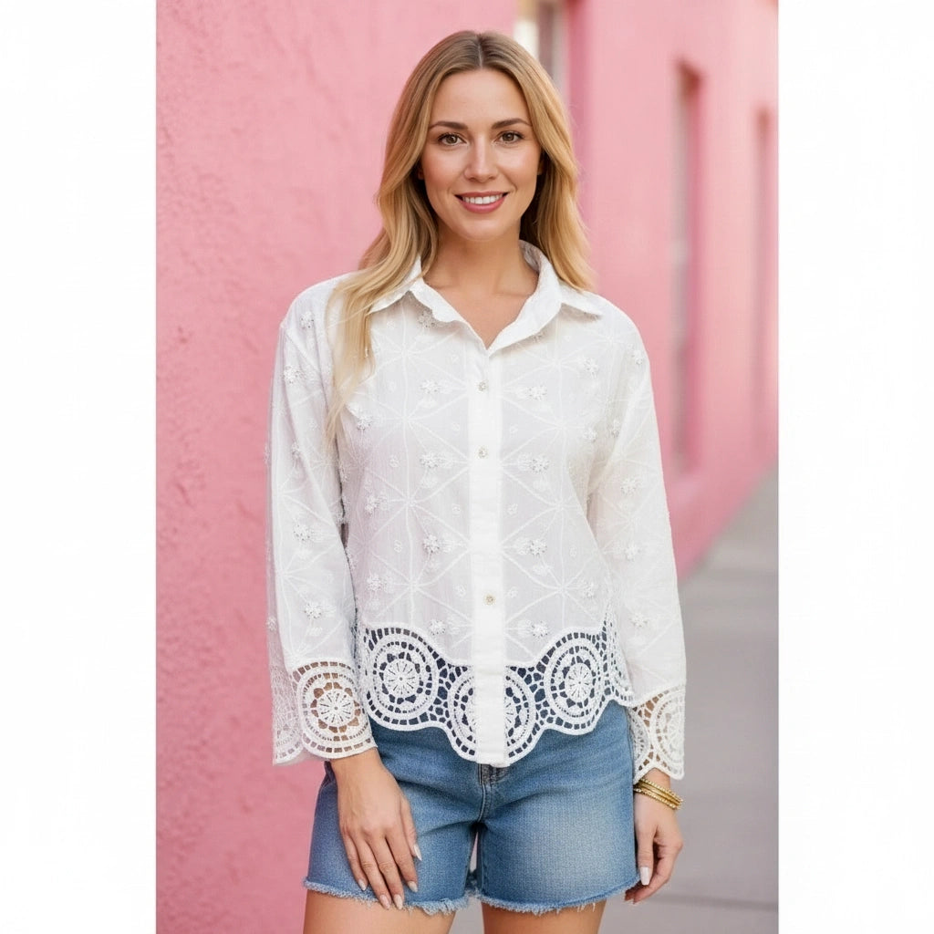 Lanie Lace Detail Blouse in white — front view showing lace pattern mixing and button-front detail from Thread & Clover boutique