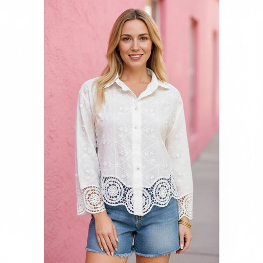 Lanie Lace Detail Blouse in white — front view showing lace pattern mixing and button-front detail from Thread & Clover boutique