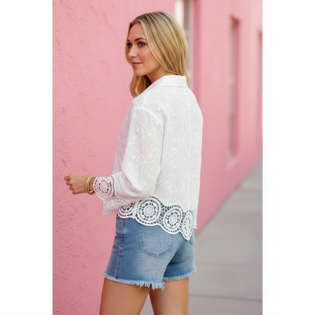 Lanie Lace Detail Blouse in white — styled view showing versatile layering options from Thread & Clover boutique