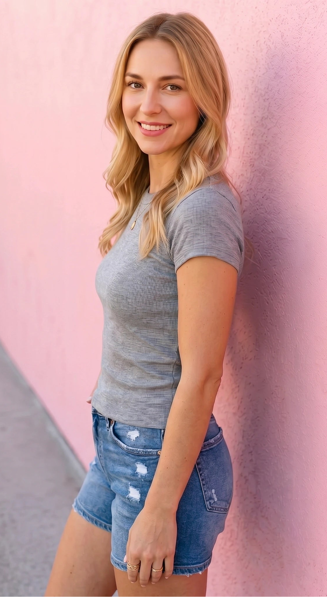 Woman in a gray t-shirt and denim shorts standing against a pink wall.