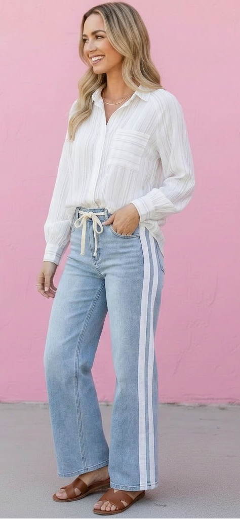 Woman wearing a white shirt and light blue pants with a white stripe against a pink wall.