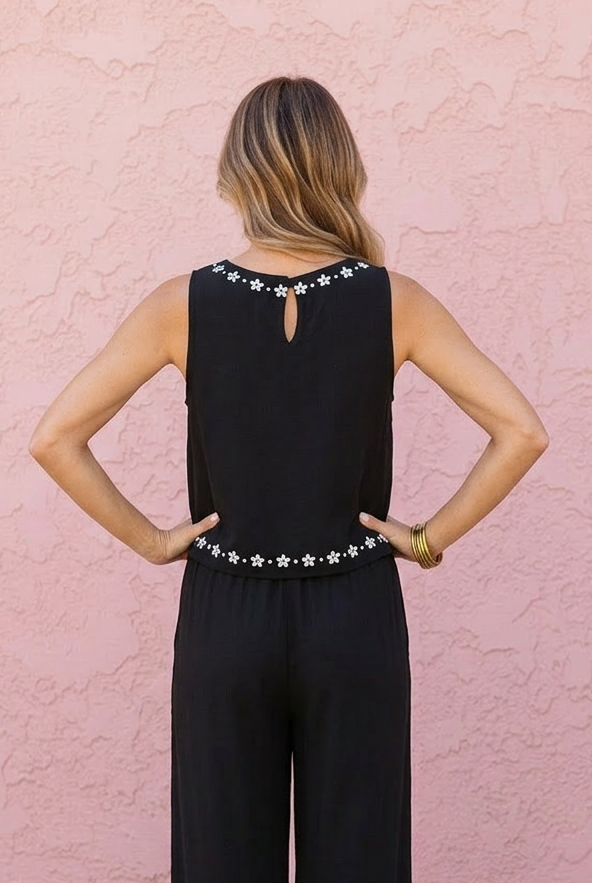 Cleo Embroidered Linen Tank in Black/Cream — relaxed linen tank with embroidery detail from Thread & Clover boutique