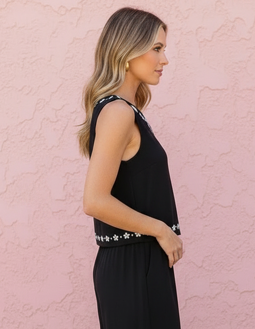 Cleo Embroidered Linen Tank in Black/Cream — white daisy embroidery trim from Thread & Clover boutique