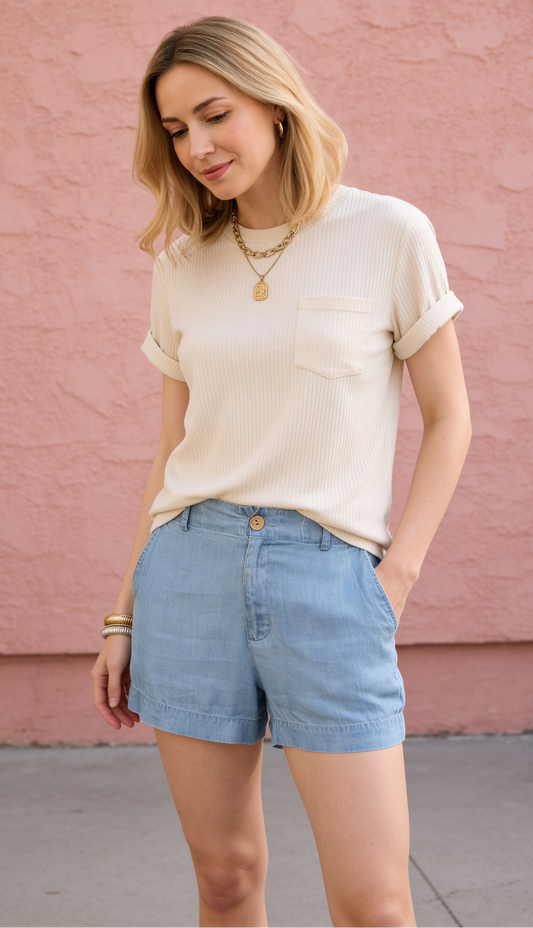 Woman wearing a white t-shirt and blue shorts against a pink wall