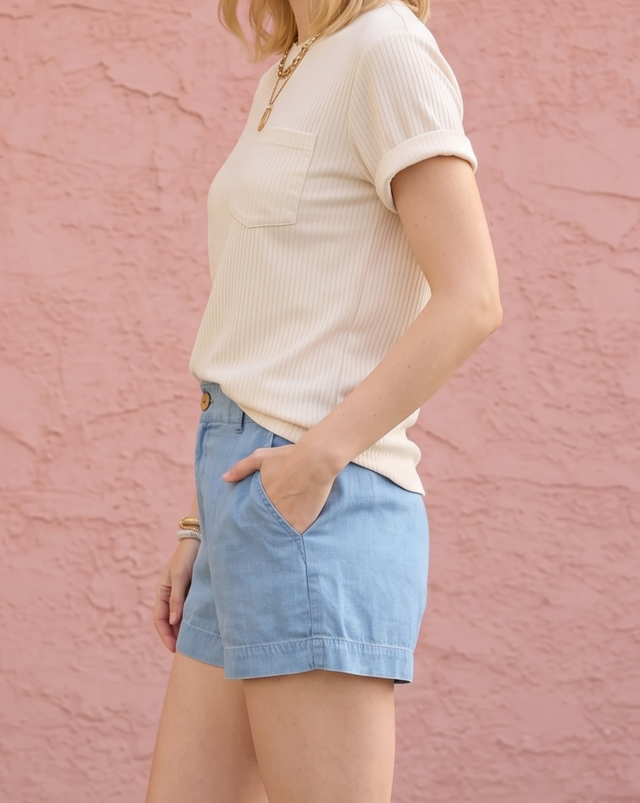 Woman in a white t-shirt and light blue shorts standing against a pink wall.