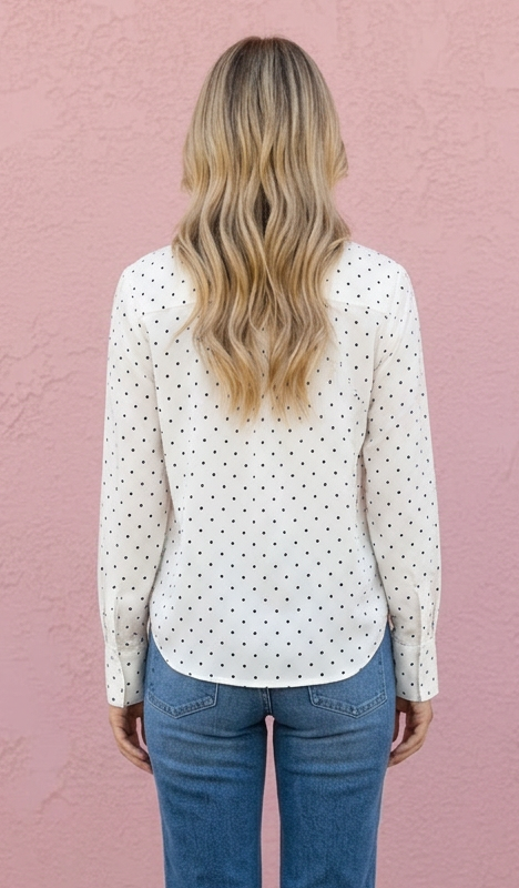 A woman viewed from behind wearing a cream long-sleeve top with a small black polka dot pattern and blue jeans, standing against a textured pink wall.