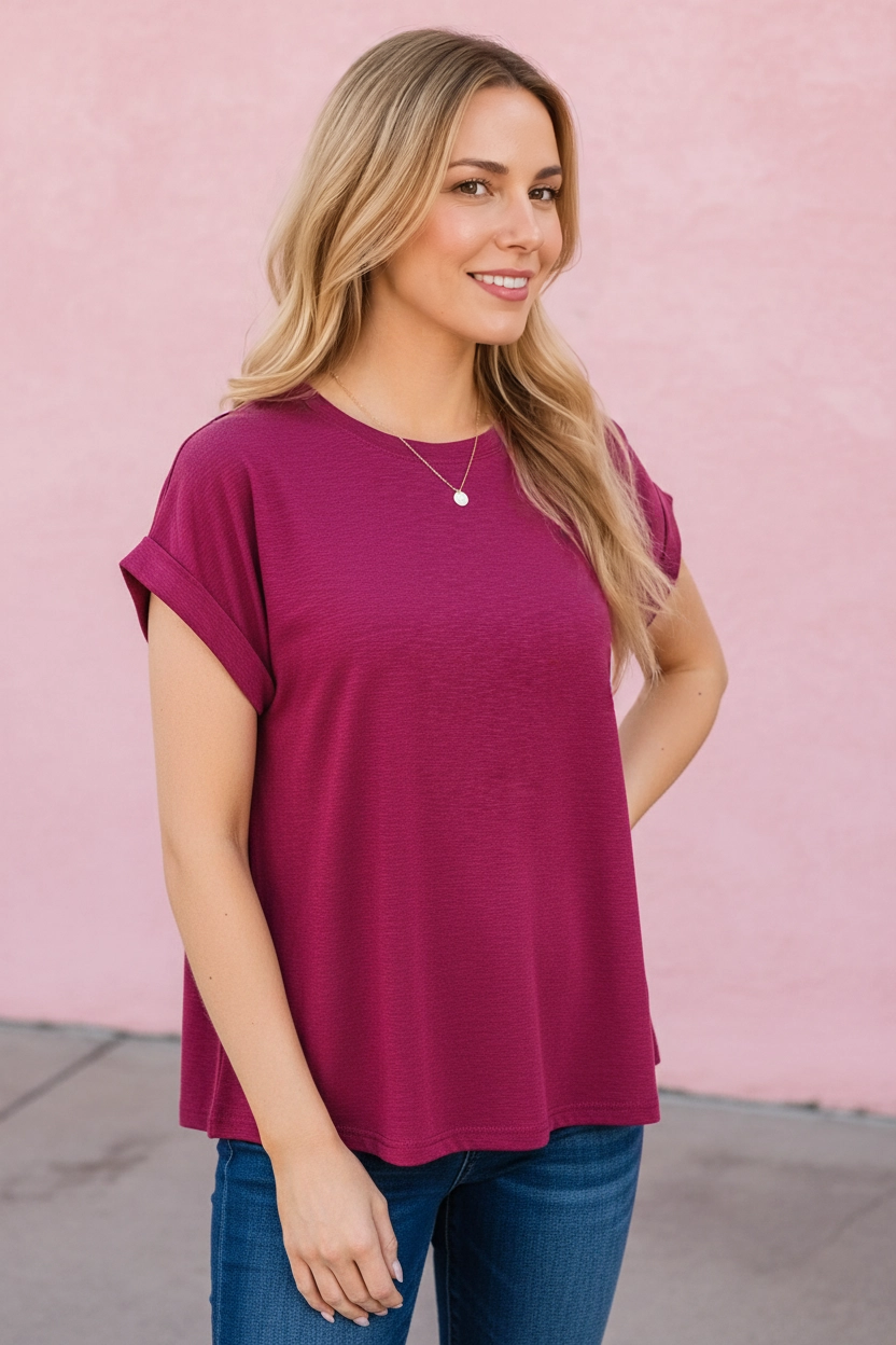 A woman wearing a short-sleeve crewneck top in a deep magenta pink, paired with blue jeans, standing against a pink stucco wall.