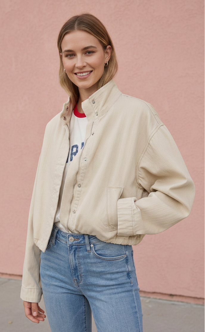 A woman wearing a light beige corduroy button-up jacket over a white graphic t-shirt and blue jeans, standing in front of a pink stucco wall.