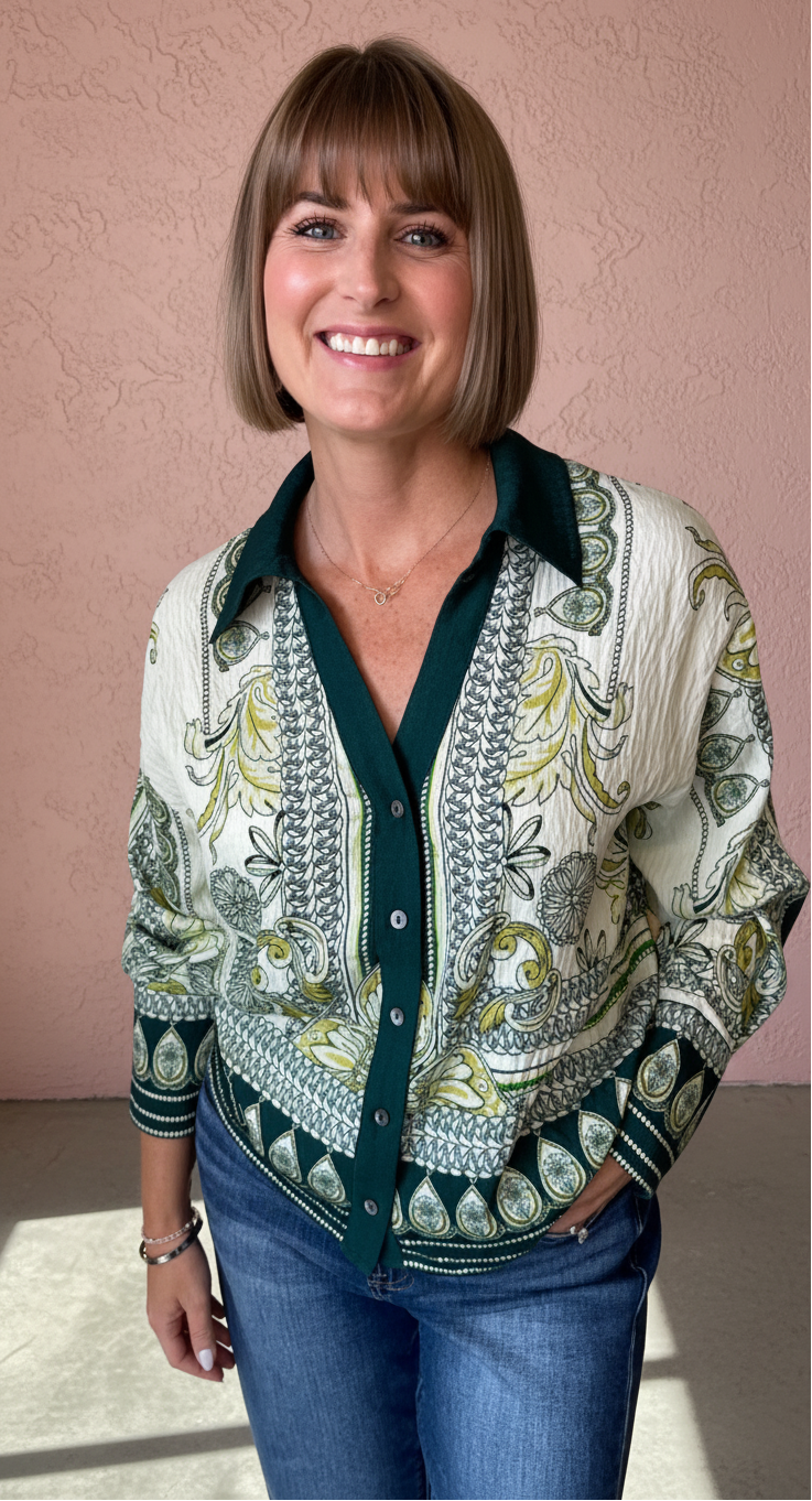A smiling woman with a short brown bob haircut wearing a long-sleeve button-up shirt with a green and olive paisley pattern on an off-white background, paired with blue jeans, standing against a textured pinkish-beige stucco wall.