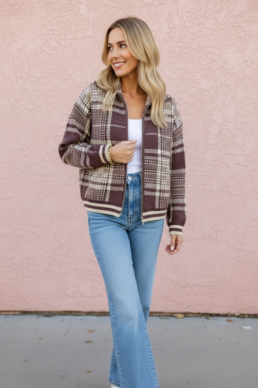 Adeline Plaid Zip Sweater Jacket