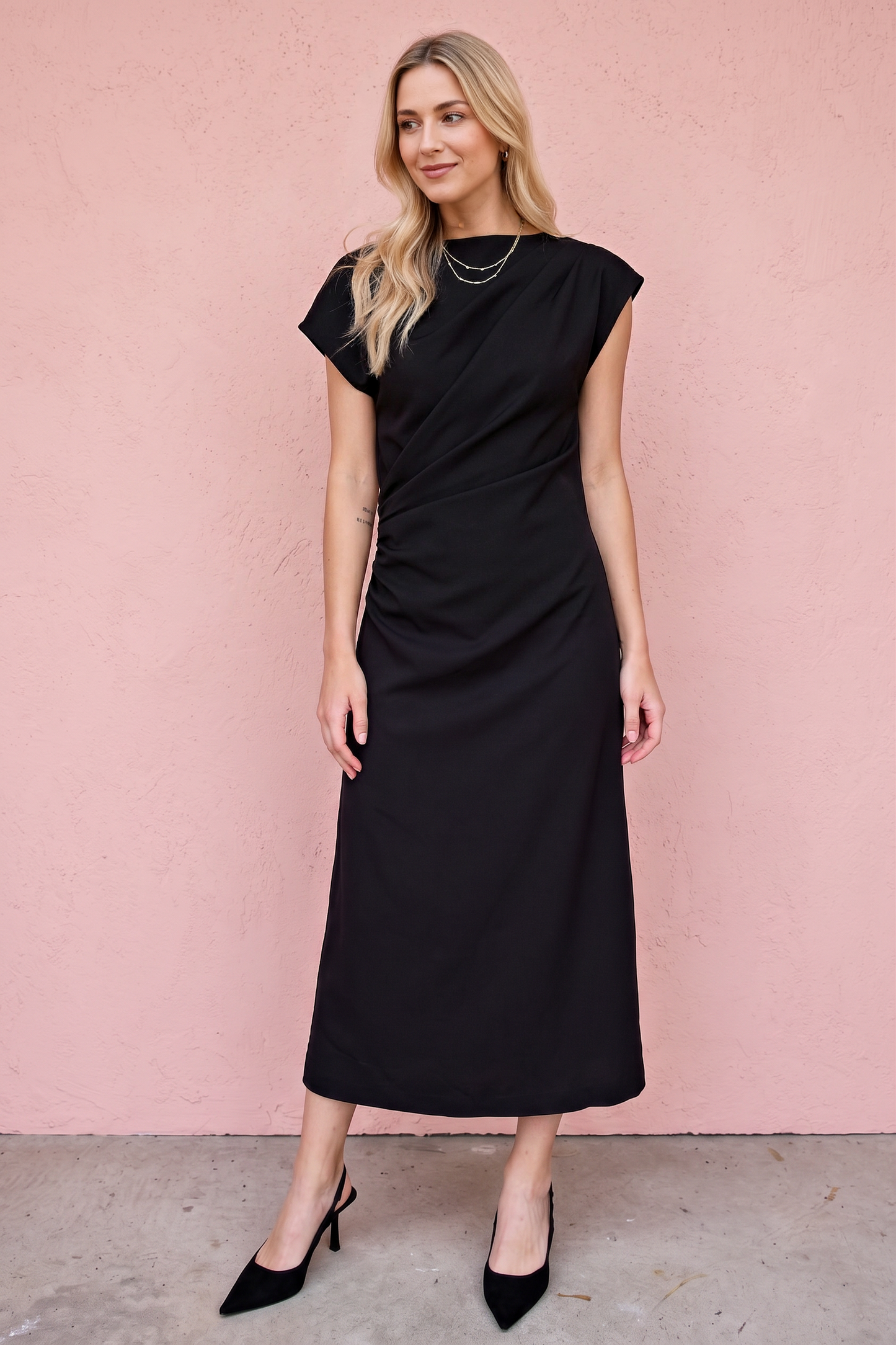 Asymmetrical Neck Wave Pleated Midi Dress