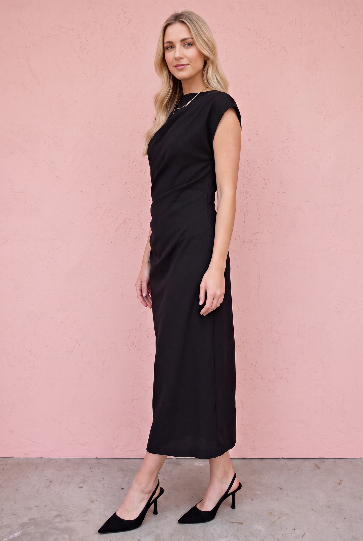 Asymmetrical Neck Wave Pleated Midi Dress