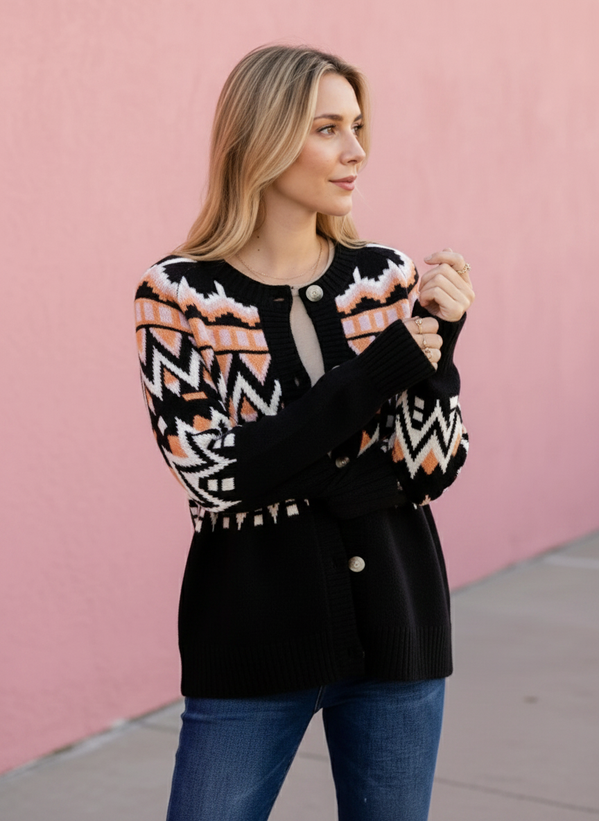 Autumn Fairisle Cardigan in Black/Autumn — button-front fairisle knit from Thread & Clover boutique