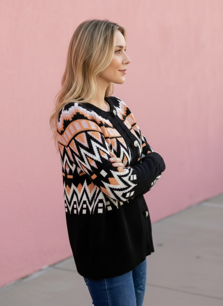 Autumn Fairisle Cardigan in Black/Autumn — button-front fairisle knit from Thread & Clover boutique