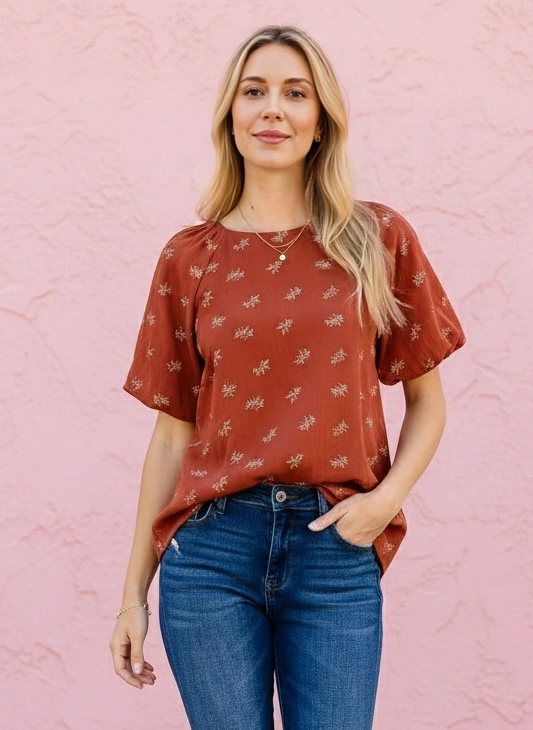 Audrey Puff Sleeve Blouse in Chestnut — floral puff sleeve blouse from Thread & Clover boutique