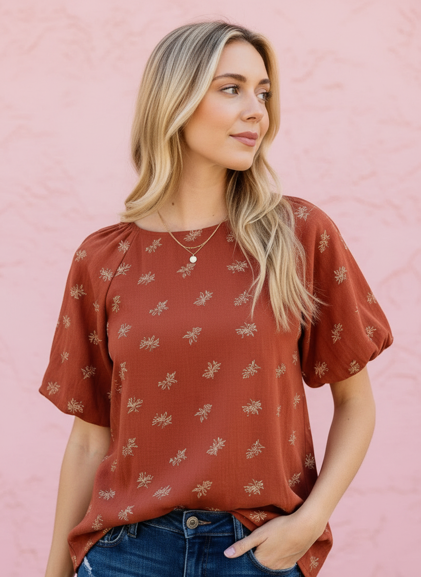 Audrey Puff Sleeve Blouse in Chestnut — floral puff sleeve blouse from Thread & Clover boutique