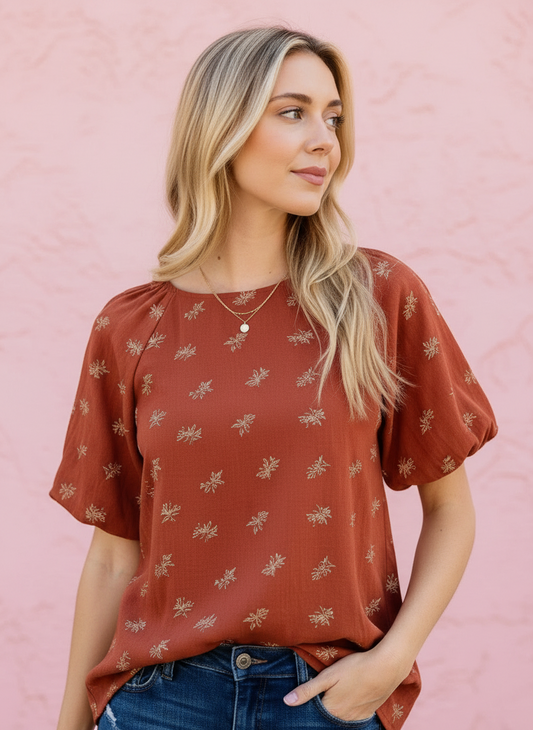 Audrey Puff Sleeve Blouse in Chestnut — floral puff sleeve blouse from Thread & Clover boutique