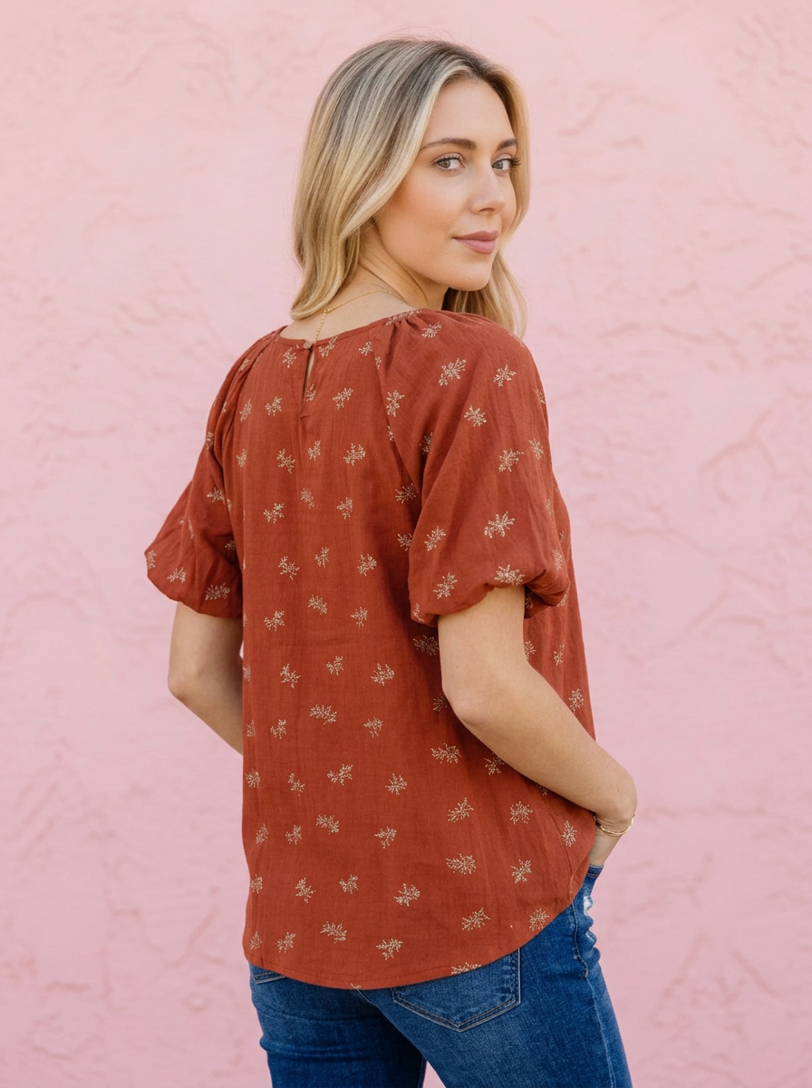 Audrey Puff Sleeve Blouse in Chestnut — floral puff sleeve blouse from Thread & Clover boutique