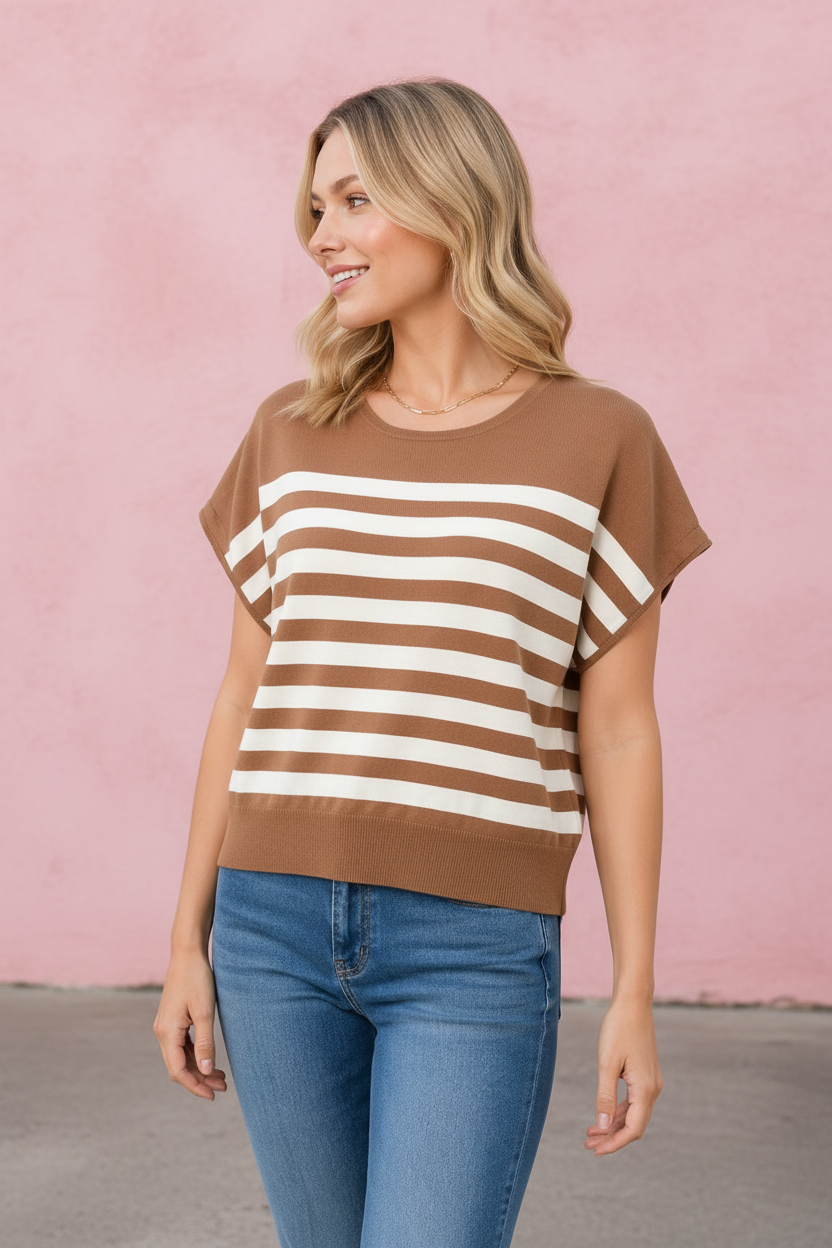 Poppy Striped Pullover in Camel/Cream — boxy striped knit pullover from Thread & Clover boutique