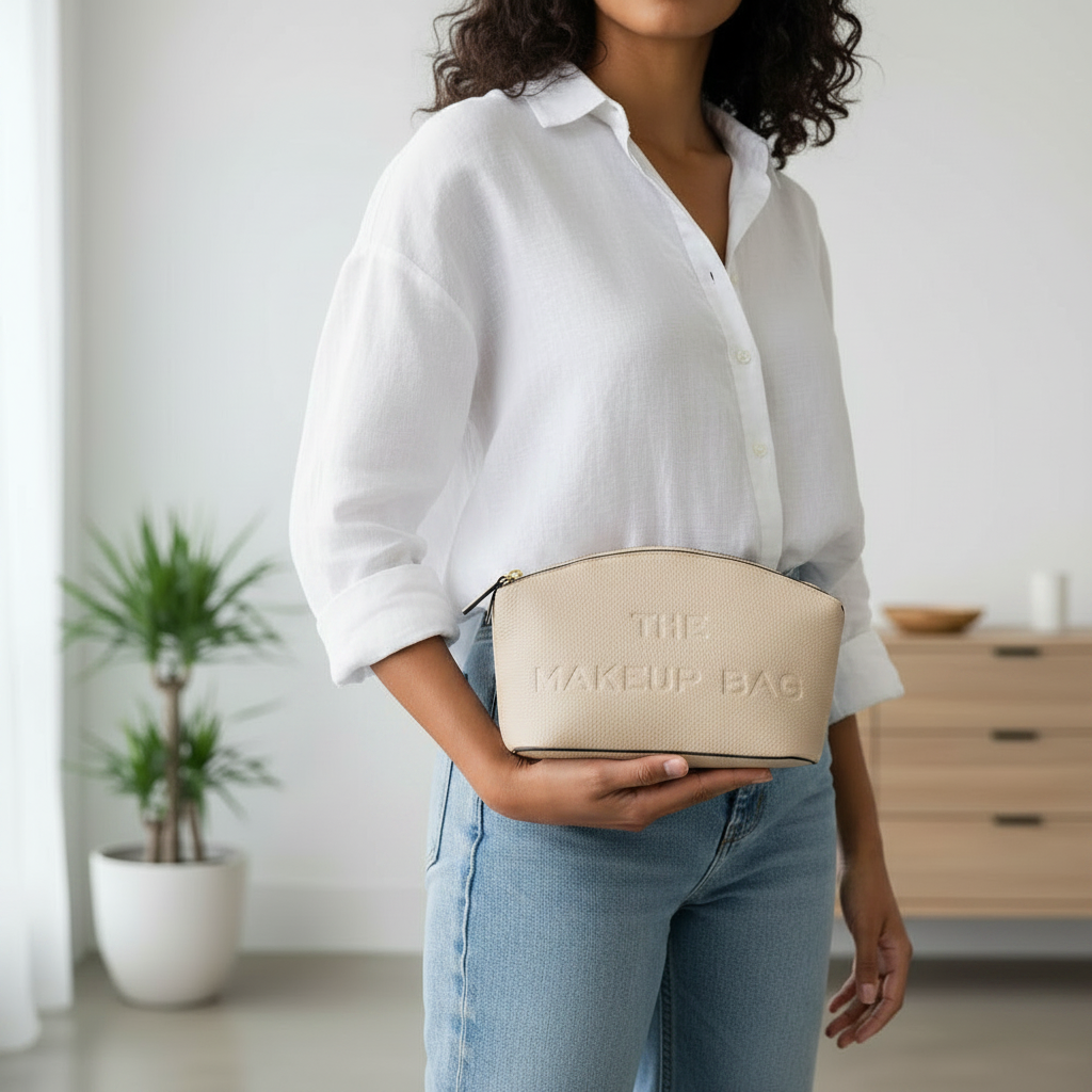 Embossed Makeup Pouch in Beige — vegan leather makeup bag from Thread & Clover boutique