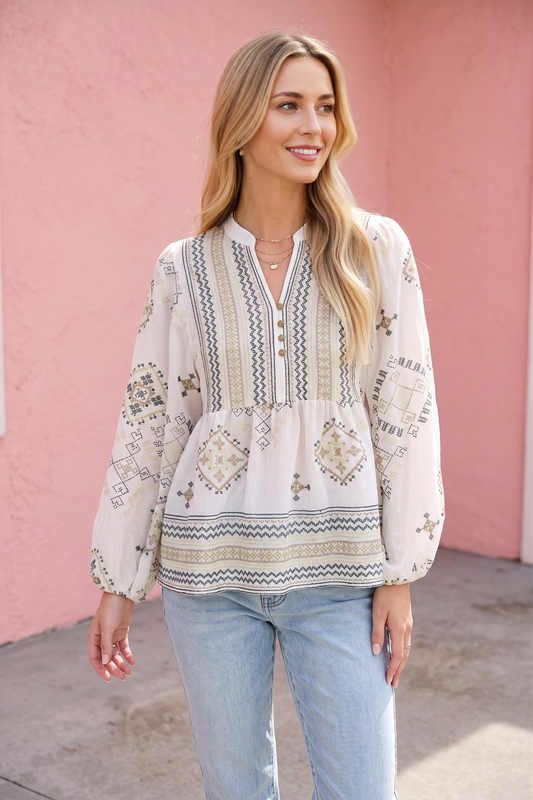 Bianca Embroidered Tunic Top in White/Teal/Green — embroidered Aztec print boho tunic from Thread & Clover boutique